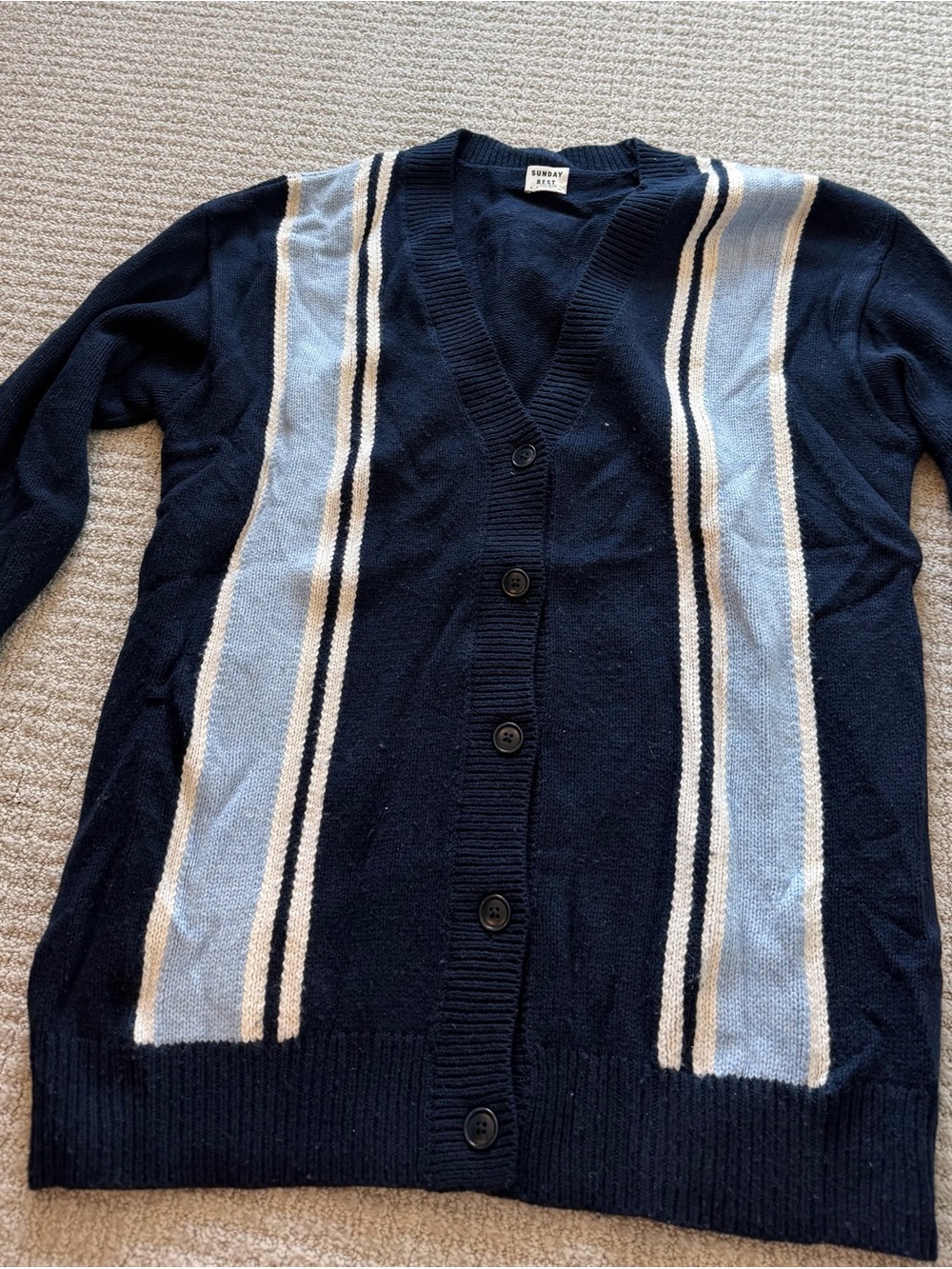 Aritzia Sunday Best Navy Cardigan with Light Blue and Cream Stripes in M